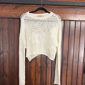 Cream Open-Knit Cropped Sweater